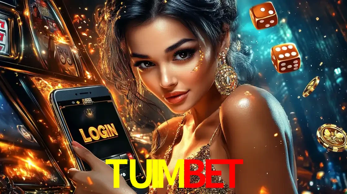 Mulher glamourosa segurando um celular com a tela de login do cassino TUIMBET, rodeada por dados e moedas douradas, pronta para começar a diversão.