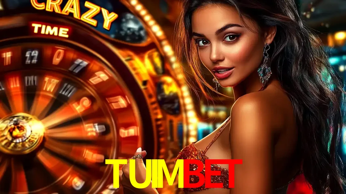 Mulher ao lado da roda de prêmios do jogo de cassino ao vivo Crazy Time, um dos shows de jogos mais emocionantes oferecidos pela plataforma de apostas TUIMBET.