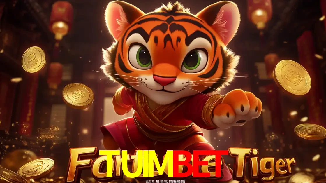 O carismático mascote do jogo de slot Fortune Tiger, um tigre fofo em pose de artes marciais, pronto para trazer sorte e multiplicadores de ganhos no cassino online TUIMBET.