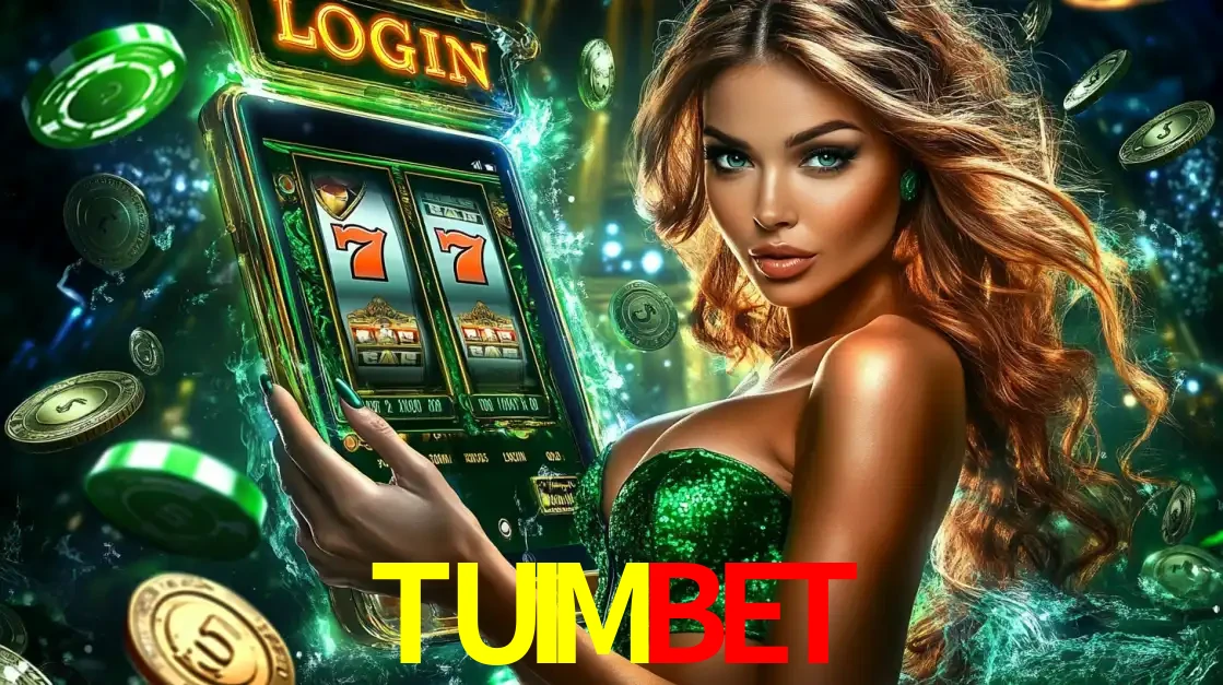 Mulher com tema verde apresentando o aplicativo do cassino TUIMBET com um jogo de slot de 777, cercada por fichas de cassino e uma aura de sorte.