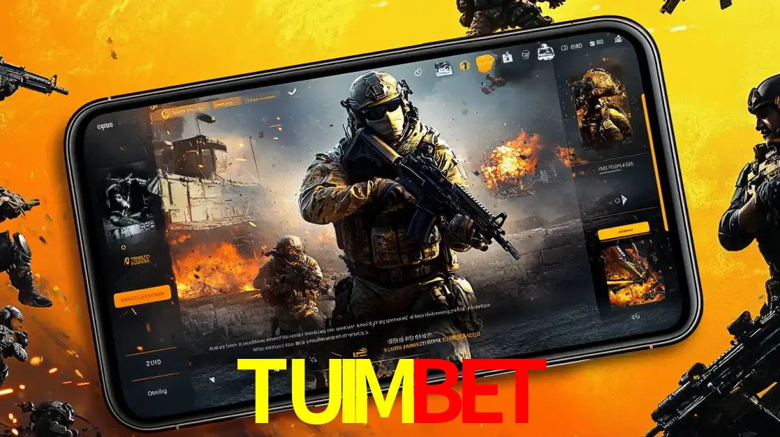 Um smartphone exibindo a interface de um jogo de tiro em primeira pessoa, com um soldado em um cenário de batalha, representando a ação dos e-sports para apostar no TUIMBET.