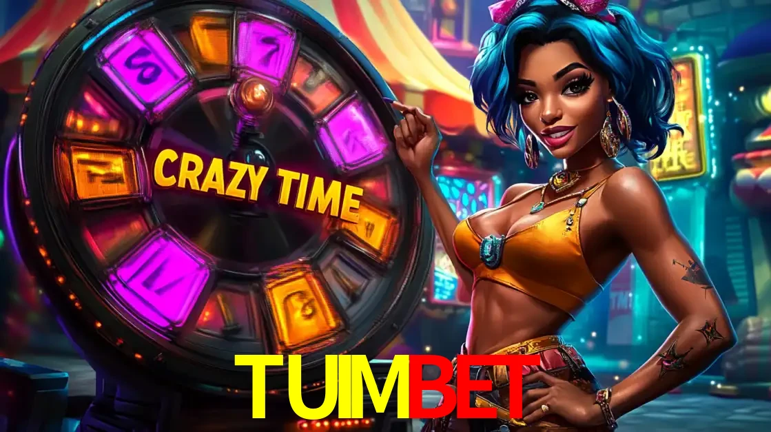 Mulher estilizada com cabelo azul e visual vibrante posando ao lado da roda de prêmios do game show Crazy Time, convidando para a diversão e os bônus do cassino TUIMBET.
